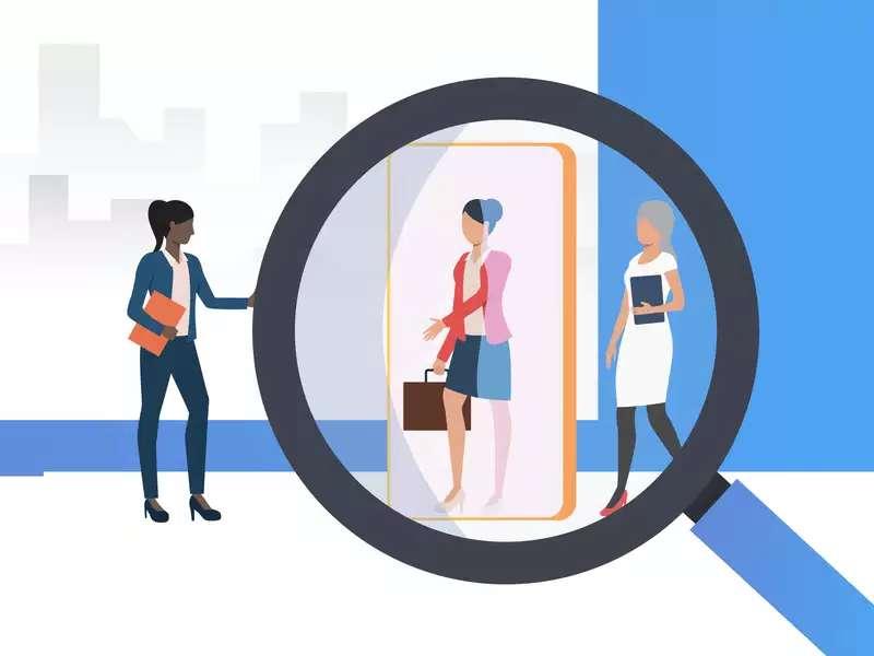 Magnifying glass hovers over woman walking through a door held open by another woman--illustration